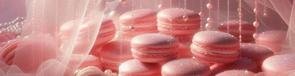 Pink macarons on a pink surface with sheer draped fabric and hanging pearl strands, soft sparkling highlights.