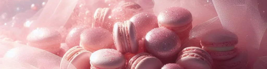 Dreamy pile of pink macarons with glitter and soft bokeh light, wrapped in translucent pink tulle.