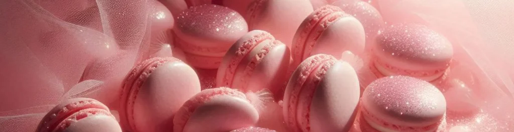 Close-up pink macarons with glittery tops on a soft pink background with sheer tulle and dreamy bokeh light.