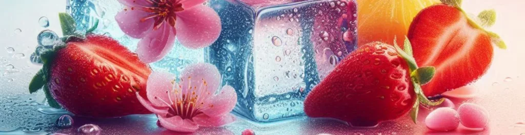 Fresh strawberries and pink blossoms with a large ice cube, water droplets, and bright summer light.