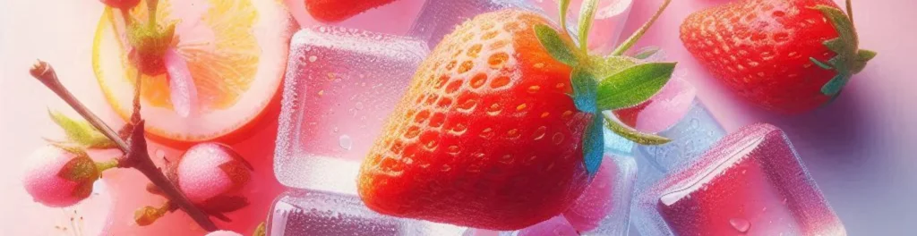 Close-up strawberry with icy cubes, citrus slice, and pink blossoms in a soft pastel pink background.