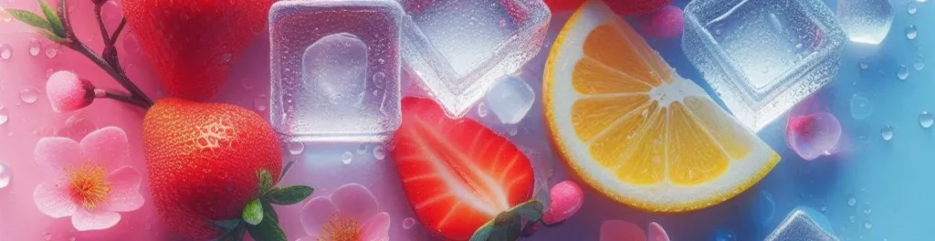 Strawberries with ice cubes, lemon slice, and pink flowers on a cool blue-to-pink gradient with water droplets.
