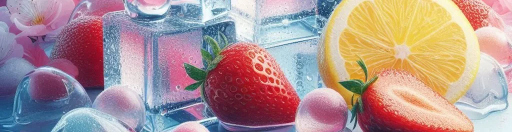Icy blue scene with strawberries, large ice cubes, and a bright lemon slice with glossy water droplets.