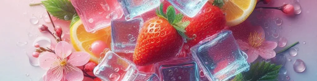 Top view of strawberries, ice cubes, citrus slices, and pink blossoms with sparkling droplets in a fresh summer palette.