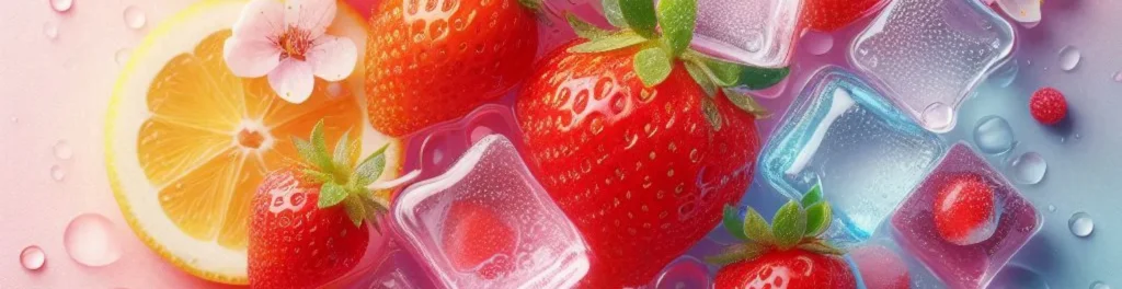 Close-up strawberries with ice cubes, a lemon slice, and a pink blossom on a pastel pink-to-blue background with water droplets.