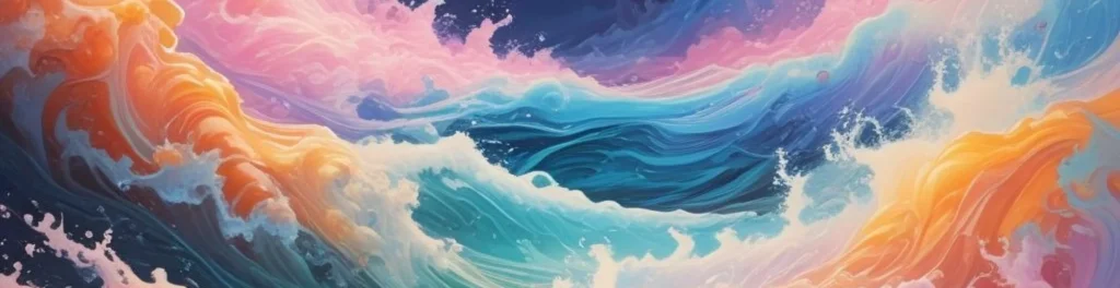 Abstract ocean waves in teal and blue with soft pink and orange foam in a painterly, dreamy style.