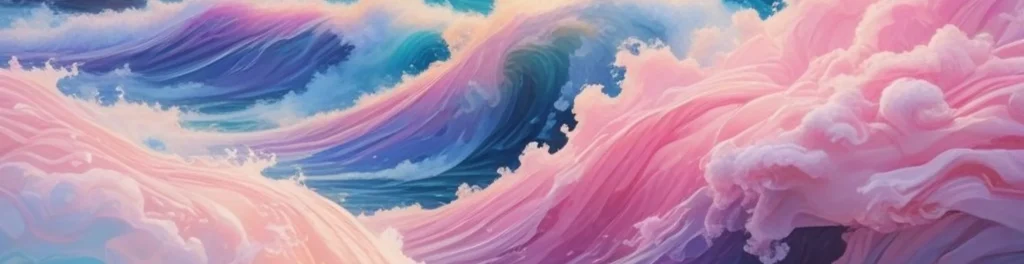 Pastel pink and blue waves curling like clouds, with deep teal water and soft gradient highlights.