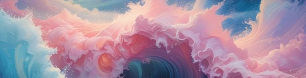 Dreamy pastel wave crash in pink and blue tones with foamy swirls and soft sky-like textures.