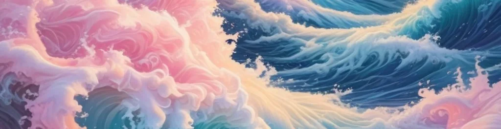 Close-up foamy teal waves with cotton-candy pink swirls in a soft, painterly ocean scene.
