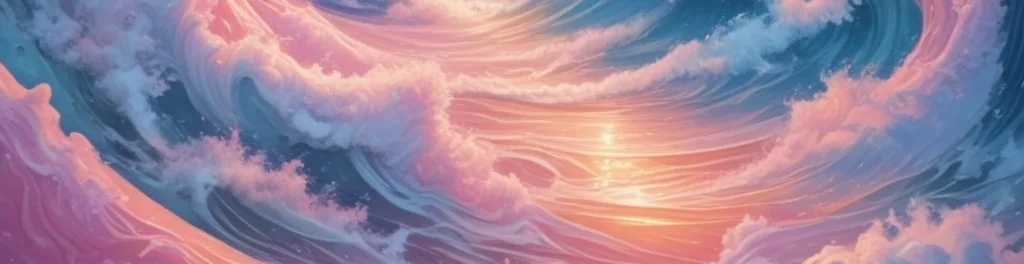 Dreamy pastel ocean swirl with teal waves and pink foam, glowing sunset light reflecting on the water.