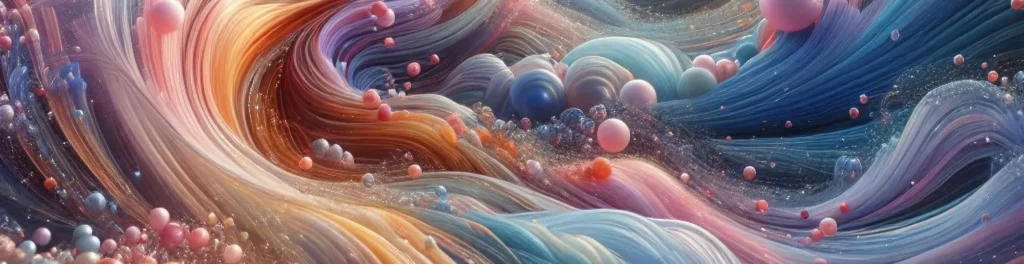 Abstract flowing pastel waves in blue, pink, and gold with floating spheres and sparkling particles.