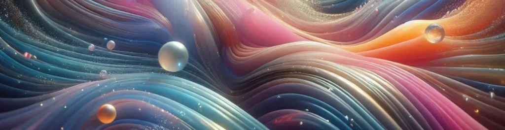 Smooth layered gradient waves in teal, pink, and orange with scattered floating spheres and starry specks.