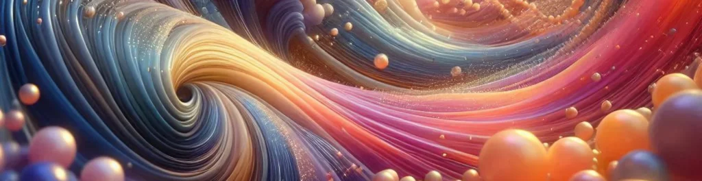 Spiraling abstract wave vortex in blue, pink, and gold with floating pearl-like spheres and shimmer.