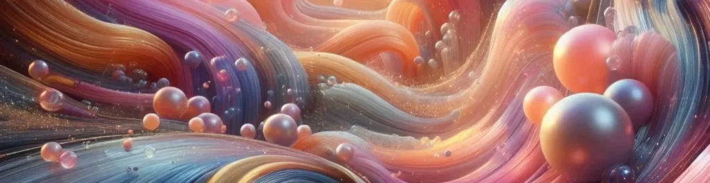 Abstract flowing pastel waves in blue, pink, and gold with many floating pearl-like spheres and soft shimmering light.