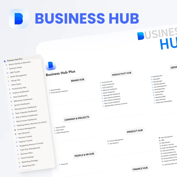 Business Hub v3 Notion template thumbnail, showing the all-in-one business workspace layout with multiple hubs and navigation