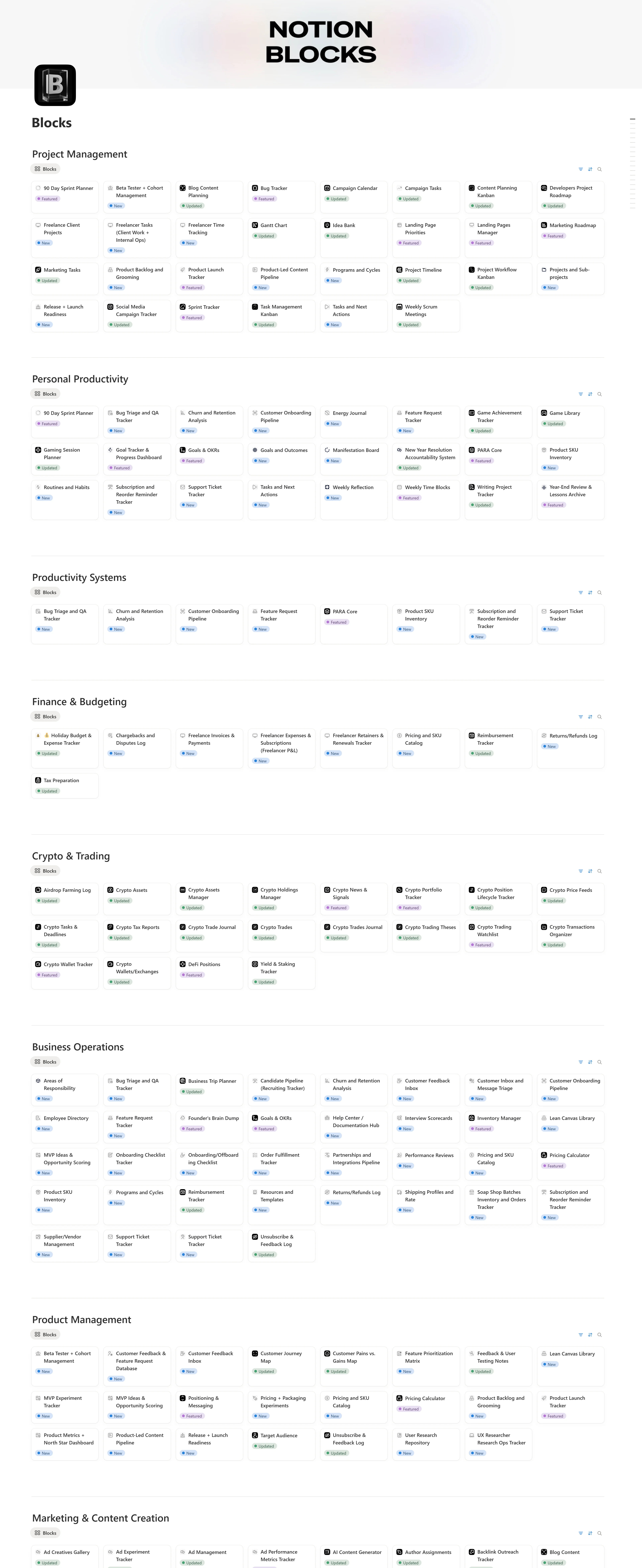 Notion Blocks product preview showing a large library of modular Notion components organized by category, including project management, productivity, finance, crypto, business operations, and product management templates.