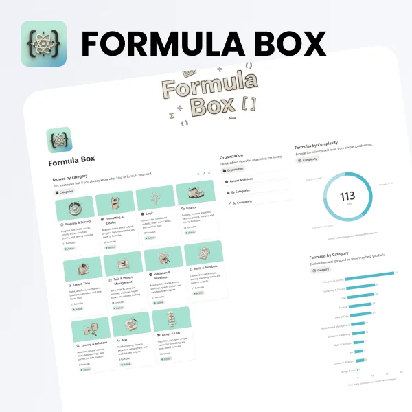 Formula Box product thumbnail showing a Notion formula dashboard mockup with category cards, charts, and the title “Formula Box” on a clean light background.